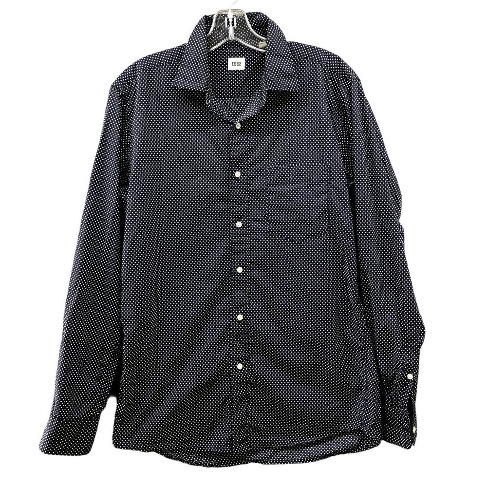 Uniqlo Button Down Shirt Mens M Long Sleeve Navy Blue White Polka Dot Cotton
